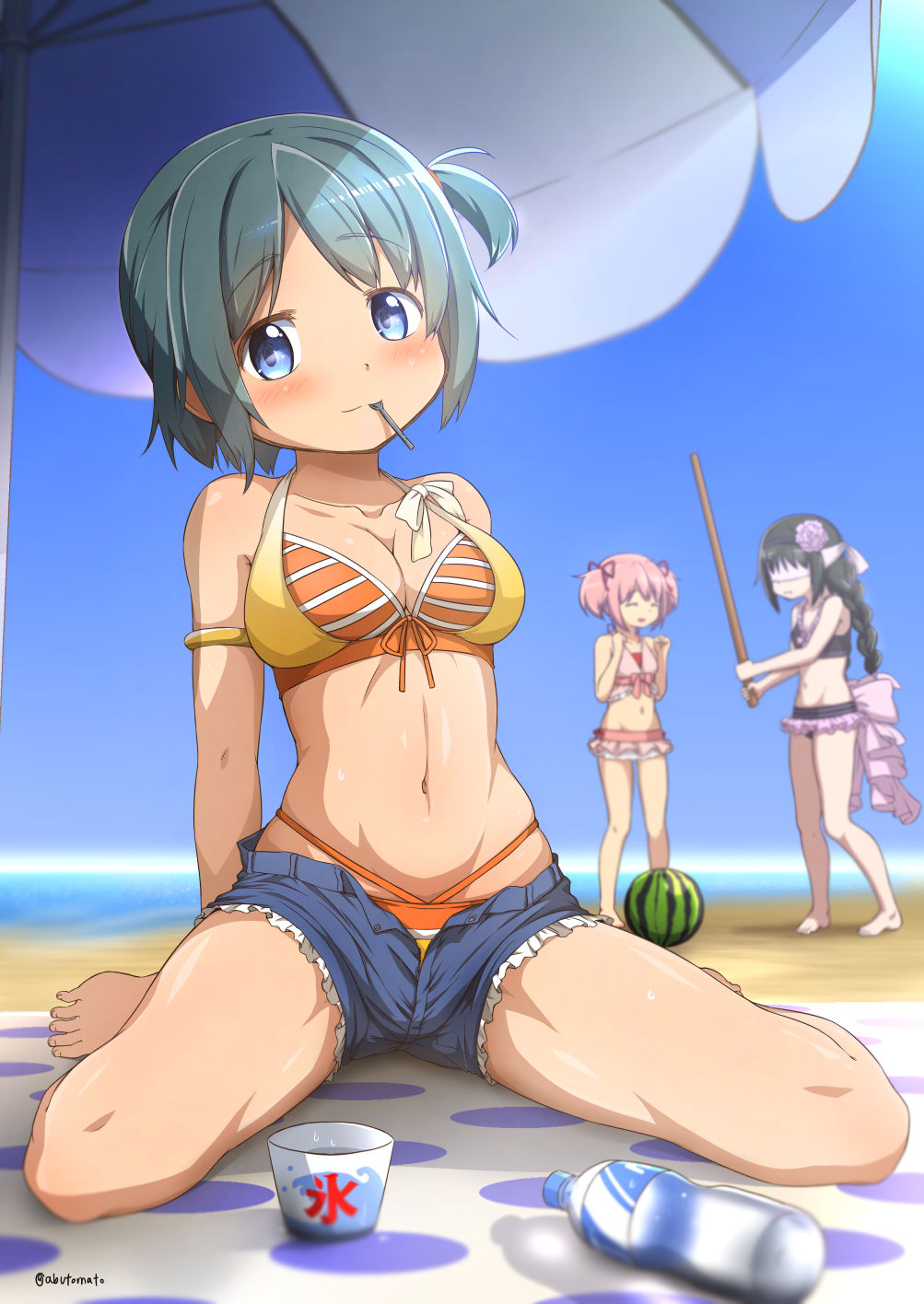 3girls, abutomato, akemi_homura, akemi_homura_(swimsuit_ver.), alternate_hairstyle, armlet, bare_shoulders, beach, beach_umbrella, bikini, bikini_under_clothes, black_bikini, black_hair, blindfold, blue_eyes, blue_hair, blurry, blurry_background, blush, bottle, braid, breasts, cleavage, commentary_request, day, depth_of_field, flower, food, frilled_bikini, frills, fruit, hair_flower, hair_ornament, highres, jewelry, kaname_madoka, kaname_madoka_(swimsuit_costume), long_hair, looking_at_viewer, mahou_shoujo_madoka_magica, miki_sayaka, miki_sayaka_(swimsuit_costume), multiple_girls, navel, orange_bikini, outdoors, pink_bikini, pink_hair, ponytail, shaved_ice, shiny_skin, short_hair, short_shorts, short_twintails, shorts, side_ponytail, sitting, spoon, suikawari, swimsuit, thighs, twintails, umbrella, utensil_in_mouth, water_bottle, watermelon