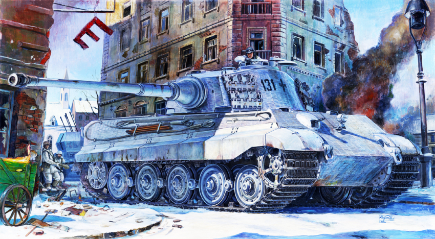 3boys, acrylic_paint_(medium), anti-aircraft, anti-aircraft_gun, building, calligraphy_brush, calligraphy_brush_(medium), caterpillar_tracks, cross, day, flakpanzer_iv_wirbelwind, high-explosive_anti-tank_(warhead), iron_cross, koizumi_kazuaki_production, lamppost, male_focus, man-portable_anti-tank_systems, military, military_vehicle, motor_vehicle, multiple_boys, original, paintbrush, painting_(medium), panzerfaust, recoilless_gun, ruins, sky, smoke, snow, tank, tiger_ii, traditional_media, weapon, world_war_ii