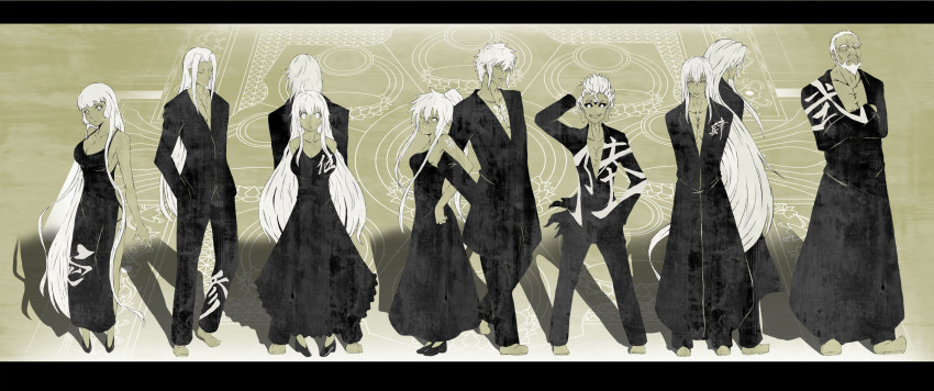 3girls, 6+boys, absurdres, ahegao8, barefoot, beard, black_sclera, character_request