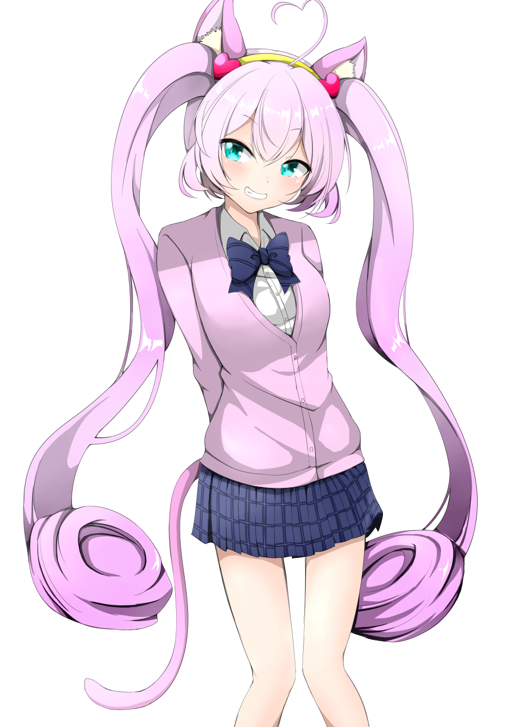 1girl, ahoge, animal_ears, aqua_eyes, arms_behind_back, blouse, blue_neckwear, blue_skirt, blush, bow, bowtie, cardigan, cat_ears, cat_tail, collared_shirt, dress_shirt, female_focus, grin, hairband, head_tilt, heart, heart_ahoge, highres, long_hair, looking_at_viewer, luluhavinera, pink_cardigan, pink_hair, plaid_clothes, plaid_skirt, pleated_skirt, rosia_(show_by_rock!!), school_uniform, shirt, show_by_rock!!, simple_background, skirt, smile, solo, standing, striped_bow, striped_bowtie, striped_clothes, striped_neckwear, tail, twintails, v-shaped_eyebrows, very_long_hair, white_background, white_shirt, wing_collar