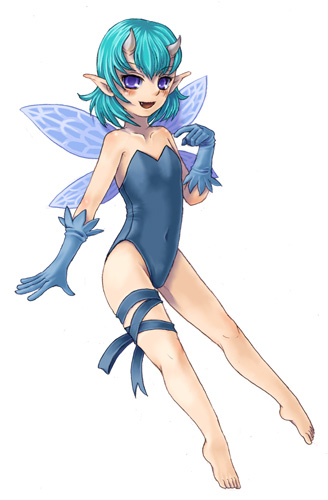 1girl, aqua_hair, bare_shoulders, barefoot, blue_gloves, blush, fairy, feet, female_focus, gloves, horns, kenkou_cross, legs, leotard, lowres, monster_girl, monster_girl_encyclopedia, open_mouth, pixie_(monster_girl_encyclopedia), purple_eyes, short_hair, solo, wings
