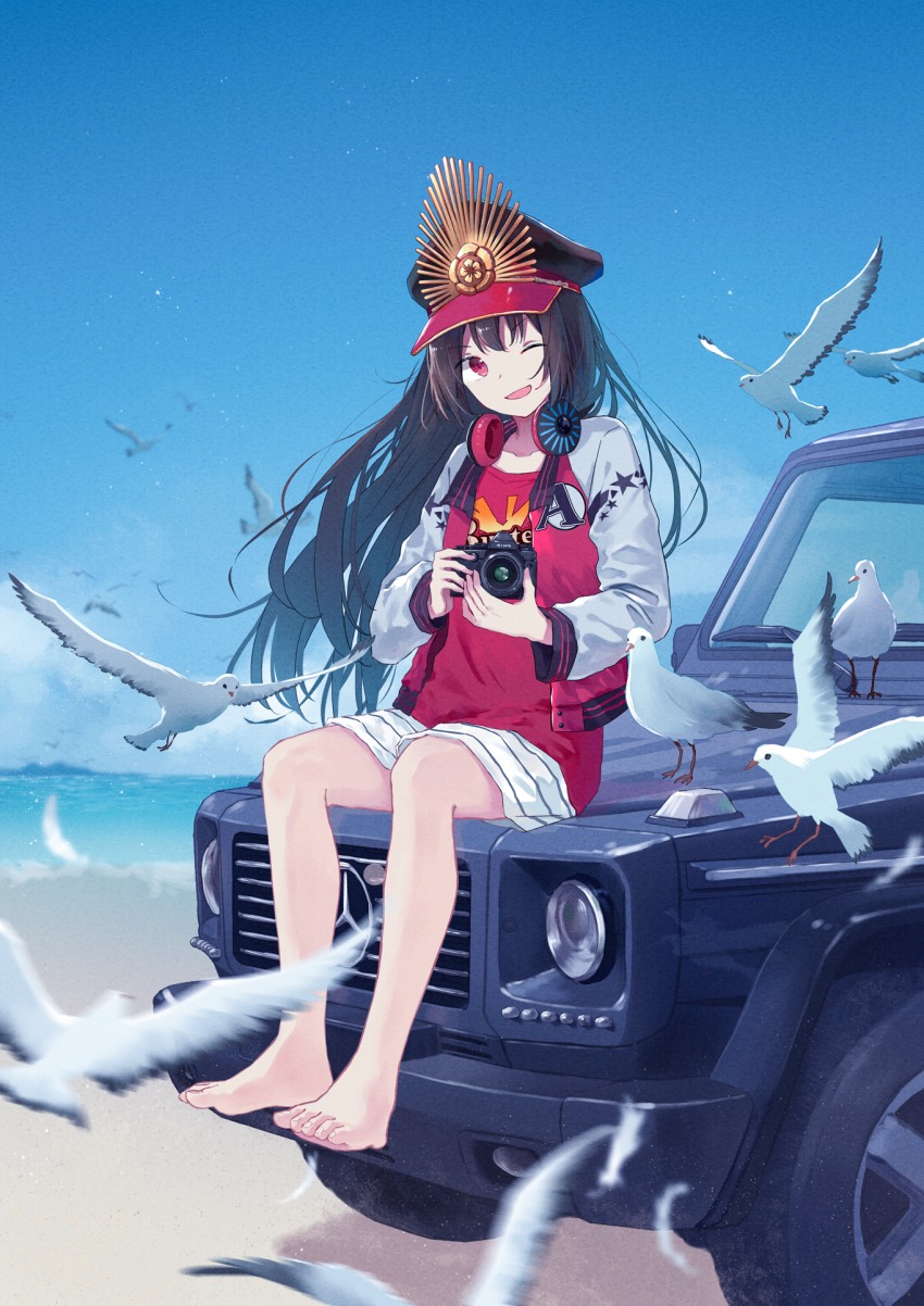 1girl, ;d, barefoot, beach, bird, black_hair, black_hat, blue_sky
