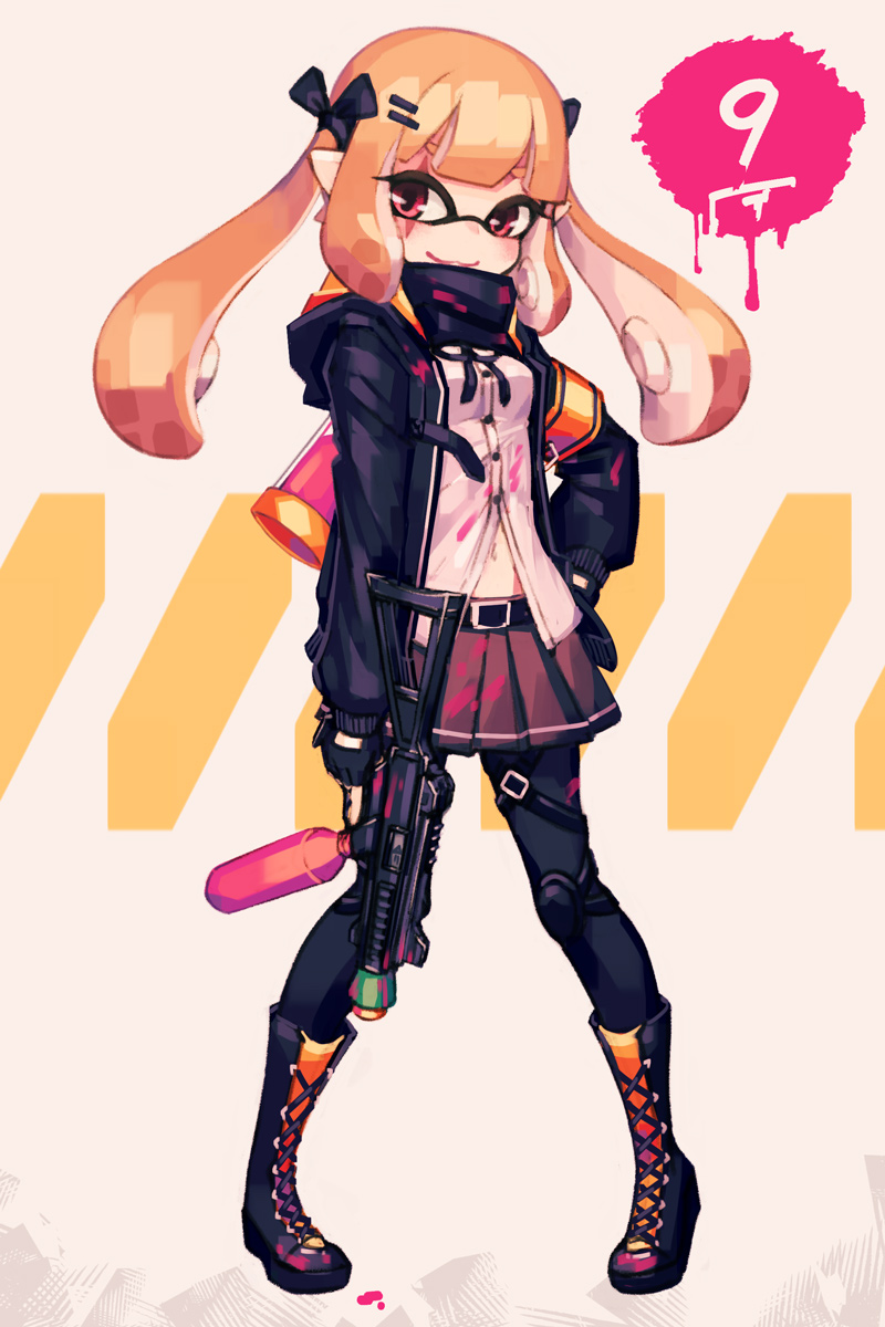 1girl, alternate_weapon, armband, belt, black_belt, black_gloves, black_jacket, black_pantyhose, black_ribbon, black_scarf, blouse, blunt_bangs, boots, brown_hair, brown_skirt, closed_mouth, commentary_request, cosplay, female_focus, full_body, fusion, girls'_frontline, gloves, gun, h&amp;k_ump, hair_ornament, hair_ribbon, hairclip, highres, hood, hoodie, ink_tank_(splatoon), inkling_player_character, jacket, knee_boots, knee_pads, lace-up_boots, long_hair, long_sleeves, makaroll, mask, miniskirt, navel, nintendo, open_clothes, open_jacket, paint_splatter, pantyhose, pleated_skirt, red_eyes, ribbon, scar, scar_across_eye, scar_on_face, scarf, shirt, single_horizontal_stripe, skirt, smile, solo, tentacle_hair, thigh_strap, ump9_(girls'_frontline), ump9_(girls'_frontline)_(cosplay), weapon, white_shirt