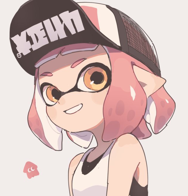 1girl, bad_id, bad_twitter_id, baseball_cap, black_hat, blunt_bangs, brown_eyes, emblem