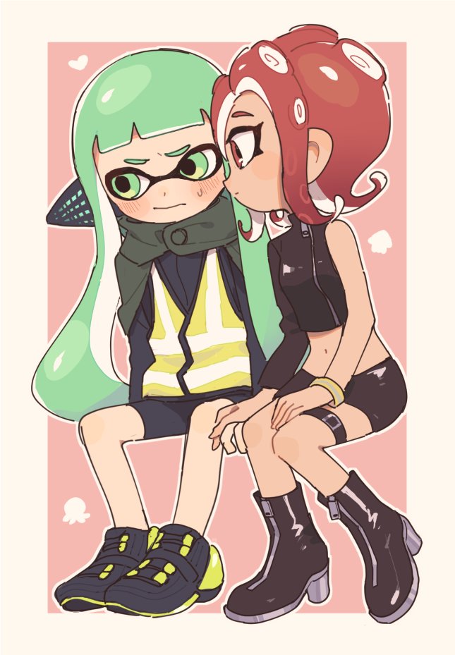 2girls, agent_3_(splatoon), agent_8_(splatoon), asymmetrical_sleeves, bad_id, bad_twitter_id, bike_shorts, black_footwear