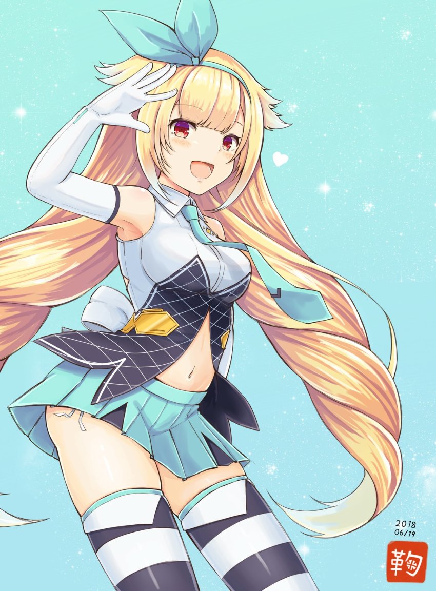 1girl, aqua_background, aqua_hairband, aqua_neckwear, aqua_skirt, bad_id, bad_twitter_id, black_thighhighs, blonde_hair, blue_background, blue_headband, blue_neckwear, blue_skirt, blunt_bangs, blush, breasts, cowboy_shot, dated, elbow_gloves, ginga_alice, ginga_alice_no_chikyuu_shinryaku_ch., gloves, gradient_background, hairband, headband, heart, highres, long_hair, medium_breasts, navel, open_mouth, pleated_skirt, red_eyes, salute, shirt, skirt, sleeveless, sleeveless_shirt, smile, standing, striped_clothes, striped_thighhighs, temari_rin, thighhighs, very_long_hair, virtual_youtuber, white_gloves, white_thighhighs