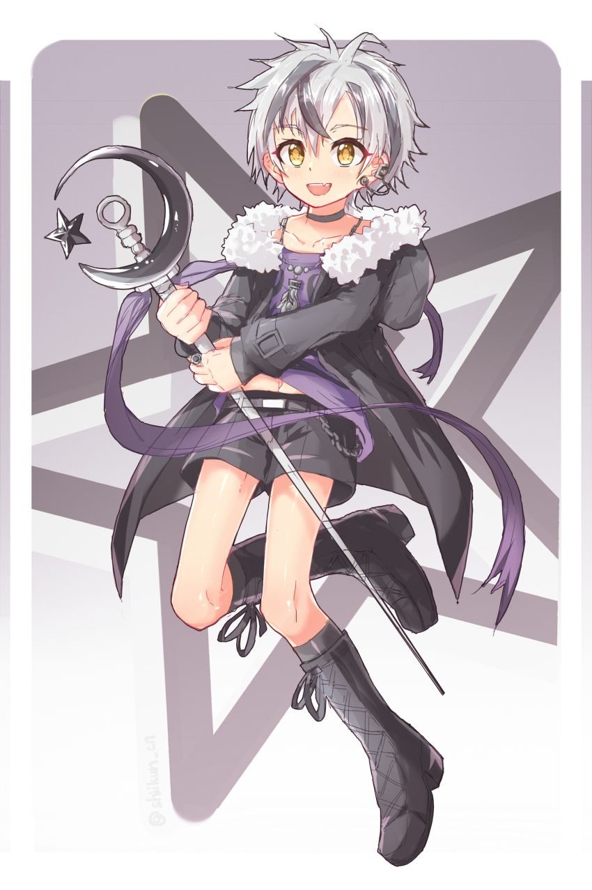 1boy, boots, choker, fang, highres, hood, hoodie, jewelry, magical_boy, male_focus, multicolored_hair, necklace, nijisanji, shiikun, shorts, silver_hair, skin_fang, smile, solo, staff, streaked_hair, suzuki_masaru, suzuki_masaru_(1st_costume), virtual_youtuber, yellow_eyes