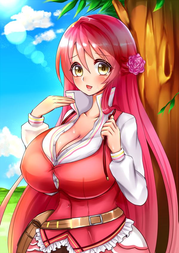 1girl, ao_(ao_10bx), bag, blush, breasts, cleavage, cloud, day, female_focus, flower, flower_knight_girl, geranium_(flower_knight_girl), hair_flower, hair_ornament, half_updo, huge_breasts, long_hair, looking_at_viewer, outdoors, red_hair, shirt, sky, smile, solo, sweat, tree, upper_body, white_shirt, yellow_eyes