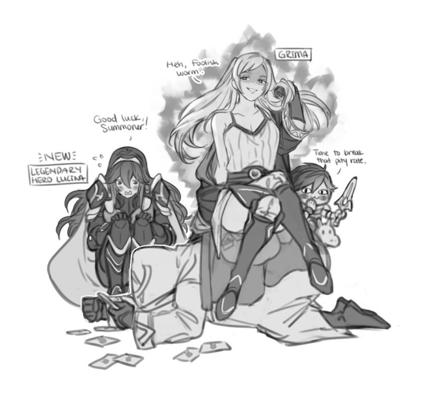 2boys, 2girls, blush, cape, chibi, chrom_(fire_emblem), dark_persona, english_text, evil_smile, falchion_(fire_emblem), father_and_child, father_and_daughter, female_robin_(fire_emblem), female_robin_(grima)_(fire_emblem), femdom, fingerless_gloves, fire_emblem, fire_emblem_awakening, fire_emblem_heroes, gloves, greyscale, grima_(fire_emblem), hood, human_chair, human_furniture, kiran_(fire_emblem), krazehkai, long_hair, lucina_(fire_emblem), male_robin_(fire_emblem), monochrome, multiple_boys, multiple_girls, nintendo, open_mouth, parent_and_child, robe, short_hair, sitting, sitting_on_person, smile, tiara, twintails, weapon