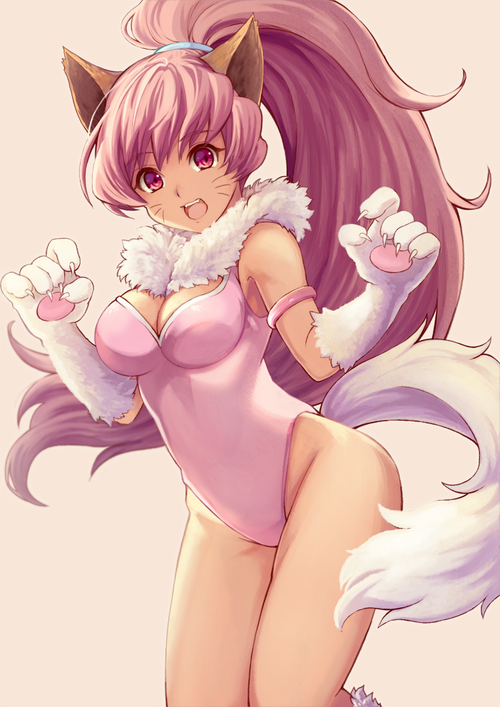 1girl, :d, animal_ears, animal_hands, armlet, bad_id, bad_pixiv_id, breasts, claws, cleavage, facial_mark, female_focus, fujishino_shikino, fur_trim, gloves, high_ponytail, jewelry, leotard, long_hair, looking_at_viewer, medium_breasts, open_mouth, paw_gloves, perisie_(star_ocean), pink_background, pink_eyes, pink_leotard, ponytail, simple_background, smile, solo, standing, star_ocean, star_ocean:_first_departure, tail, very_long_hair, whisker_markings