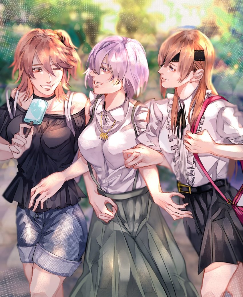 3girls, alternate_costume, bad_id, bad_twitter_id, bag, bare_shoulders, black_skirt, blue_eyes, brown_hair, casual, commentary, denim, denim_shorts, eyepatch, fate/grand_order, fate_(series), food, fujimaru_ritsuka_(female), girl_sandwich, green_skirt, hair_ornament, hair_scrunchie, highres, holding, holding_food, locked_arms, long_hair, long_skirt, looking_at_another, mash_kyrielight, medium_hair, mms_(fmamtse), multiple_girls, open_mouth, ophelia_phamrsolone, orange_eyes, orange_hair, orange_scrunchie, pink_hair, popsicle, purple_eyes, sandwiched, scrunchie, short_hair, short_sleeves, shorts, shoulder_bag, side_ponytail, skirt, smile