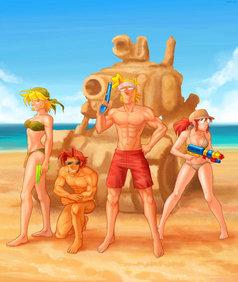 2boys, 2girls, bad_id, bad_pixiv_id, bandana, bandeau, bare_arms, bare_legs, bare_shoulders, barefoot, baseball_cap, beach, bikini, blonde_hair, blue_sky, breasts, brown_bikini, brown_hair, brown_headwear, cleavage, closed_mouth, cloud, cloudy_sky, collarbone, commentary, day, eyes_visible_through_hair, feet, fio_germi, from_side, full_body, glasses, green_bandana, green_bikini, grin, hand_on_own_hip, hand_up, hat, headband, kasamoto_eri, kneeling, legs, long_hair, looking_at_viewer, male_swimwear, marco_rossi, medium_breasts, metal_slug, metal_slug_x, midriff, military, military_vehicle, motor_vehicle, multiple_boys, multiple_girls, muscular, navel, neck, o-ring, o-ring_bikini, ocean, on_one_knee, opaque_glasses, outdoors, parody, ponytail, red_male_swimwear, red_shorts, red_swim_trunks, round_eyewear, sand, sand_sculpture, sasisage, short_hair, shorts, sky, smile, snk, standing, strapless, strapless_bikini, sunglasses, super_soaker, sv001_(metal_slug), swim_trunks, swimsuit, tank, tarma_roving, water_gun, white_headband, yellow_eyes