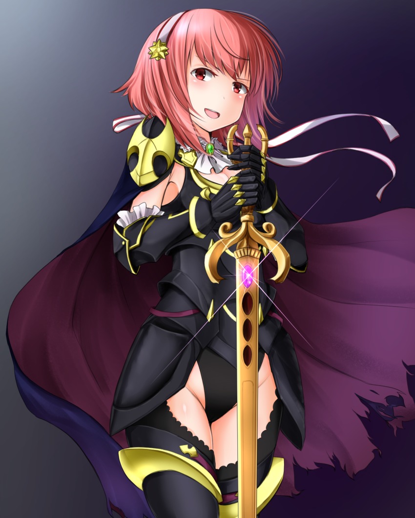 1girl, armor, armored_leotard, black_armor, black_background, breasts, cape, cleavage