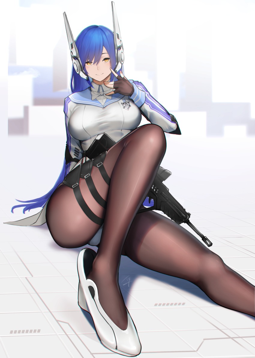 1girl, arm_support, assault_rifle, black_pantyhose, blue_hair, blush, bow, bowtie