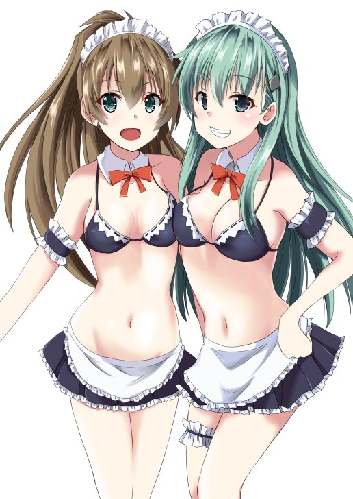2girls, alternate_costume, armband, bikini, bikini_skirt, black_bikini, black_skirt, blue_eyes