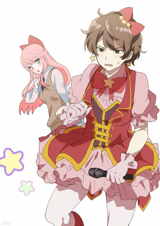 10s, 1boy, 1girl, :o, alternate_costume, bow, brown_eyes, brown_hair