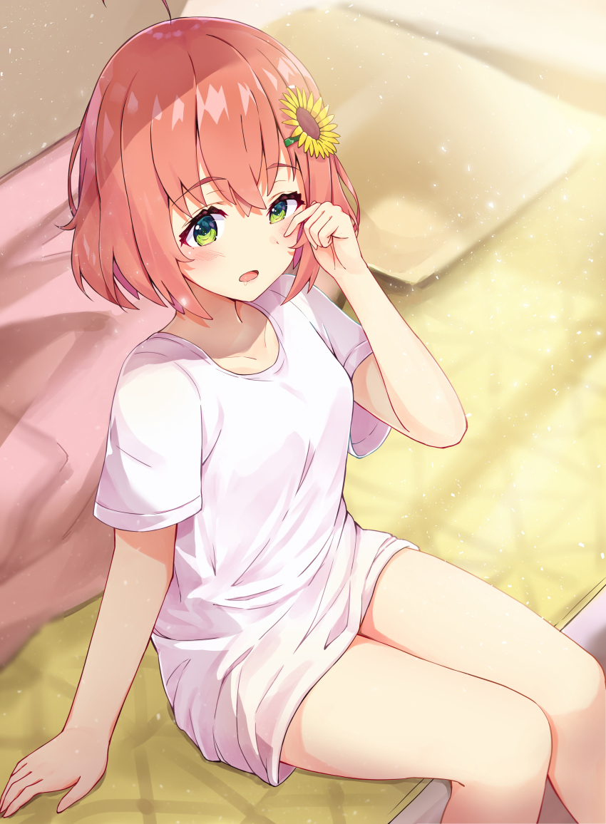 1girl, absurdres, ahoge, blush, breasts, collarbone, commentary_request, drooling