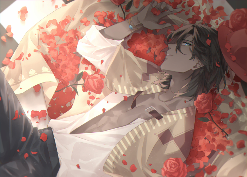 1boy, blue_eyes, bracelet, brown_hair, chio_(akiciou), chocolate_(food_fantasy), dark_skin, flower