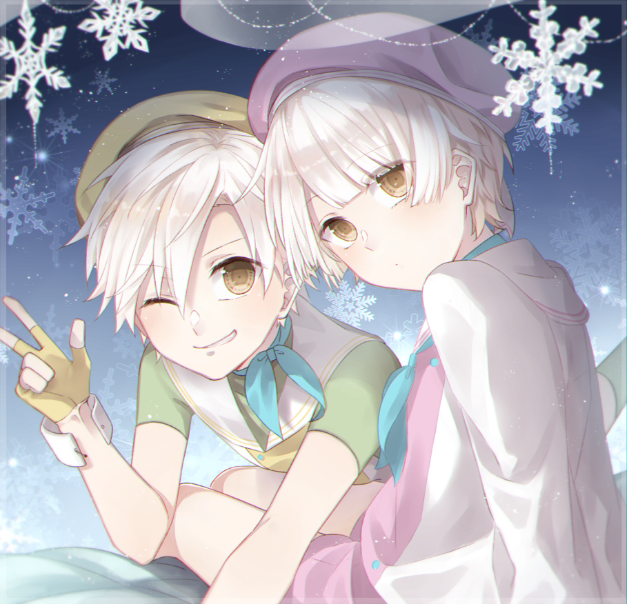 2boys, brown_eyes, chio_(akiciou), double_scoop_(food_fantasy), food_fantasy, gloves, hat, multiple_boys, scarf, siblings, smile, snowflakes, tagme, teeth, twins, white_hair