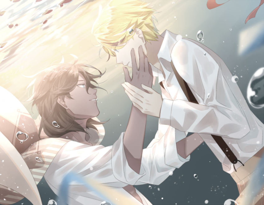 2boys, blonde_hair, blue_eyes, brown_hair, bubble, chio_(akiciou), chocolate_(food_fantasy), coffee_(food_fantasy)