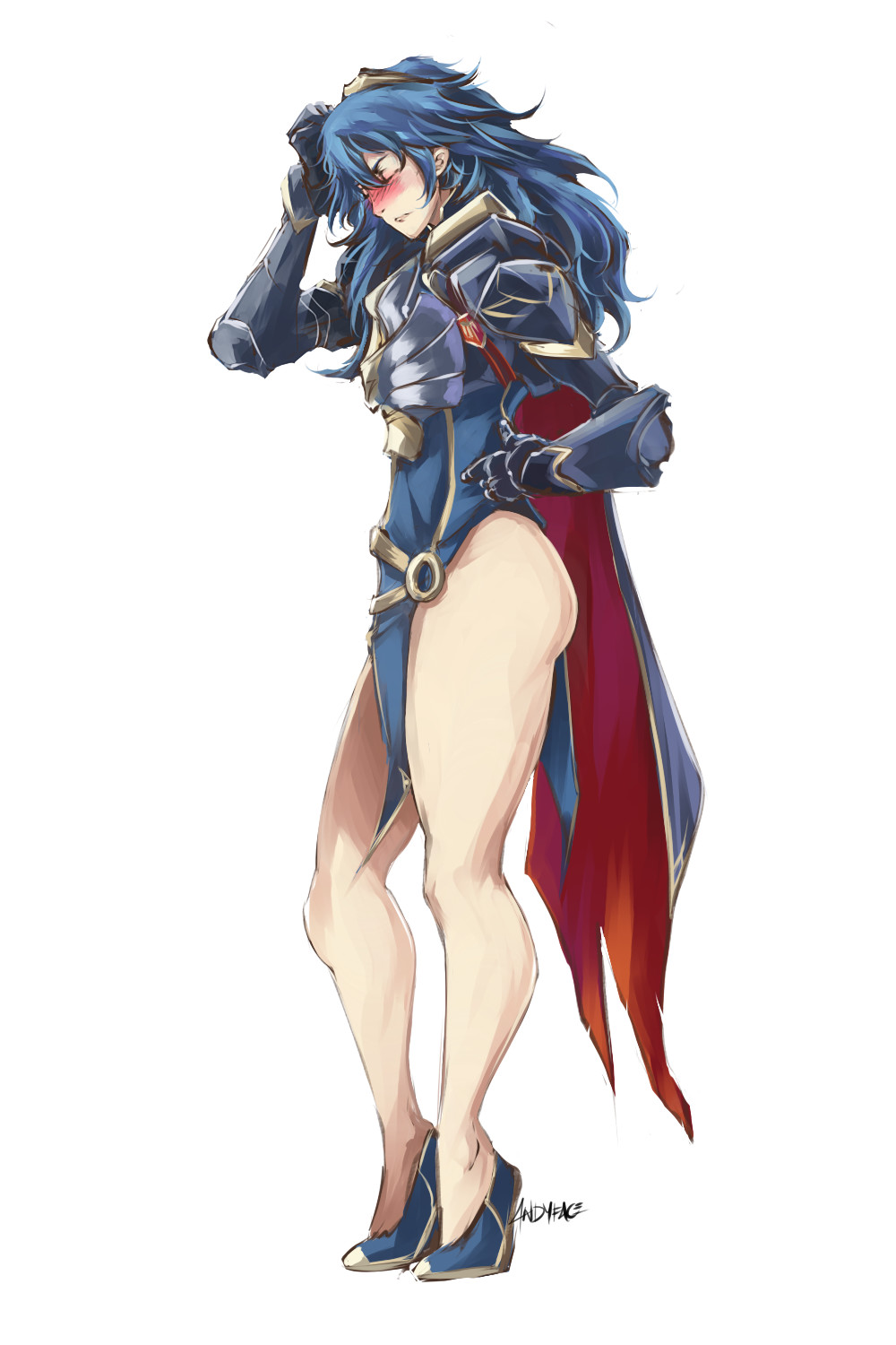 1girl, alternate_costume, andyface, armor, artist_name, blue_dress, blue_hair, blush, breastplate, cape, closed_eyes, commentary, dress, english_commentary, female_focus, fire_emblem, fire_emblem_heroes, gauntlets, hand_on_own_head, hand_on_own_hip, high_heels, highres, legs, long_hair, lucina_(fire_emblem), lucina_(glorious_archer)_(fire_emblem), nintendo, pauldrons, pelvic_curtain, shoulder_armor, side_slit, solo, thick_thighs, thighs, tiara