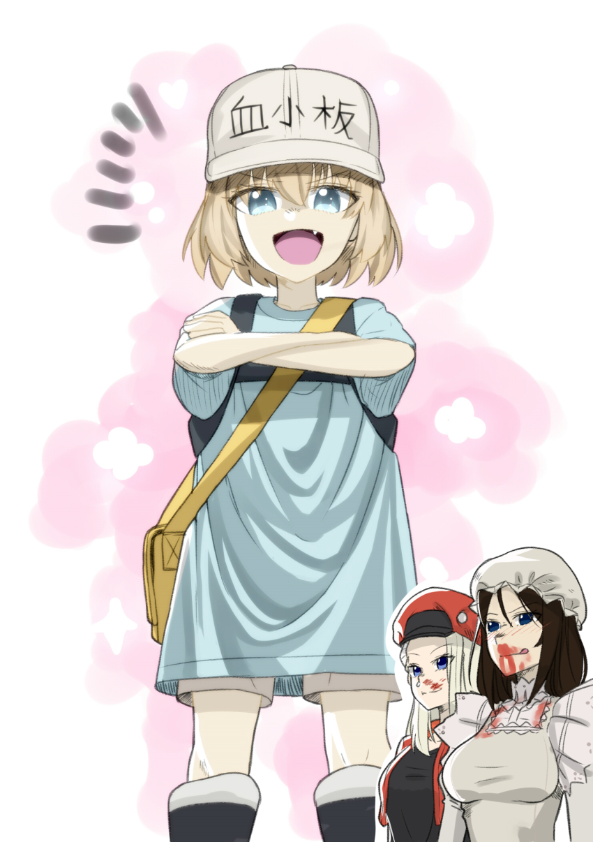 10s, 3girls, apron, bag, black_hair, blonde_hair, blood, blue_eyes