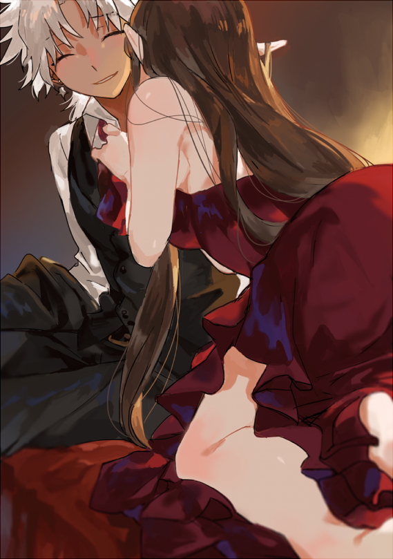 1boy, 1girl, amakusa_shirou_(apocrypha_epilogue)_(fate), amakusa_shirou_(fate), bare_shoulders, brown_hair, closed_eyes, dark_skin, dress, earrings, fate/apocrypha, fate_(series), from_behind, jacket, jewelry, long_hair, pointy_ears, red_dress, semiramis_(apocrypha_epilogue)_(fate), semiramis_(fate), spiked_hair, unworn_jacket, very_long_hair, vest, white_hair, yinghuo