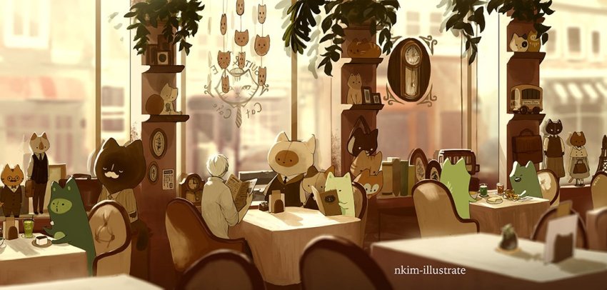 1boy, cafe, cat, chair, clock, cup, drink, drinking_glass