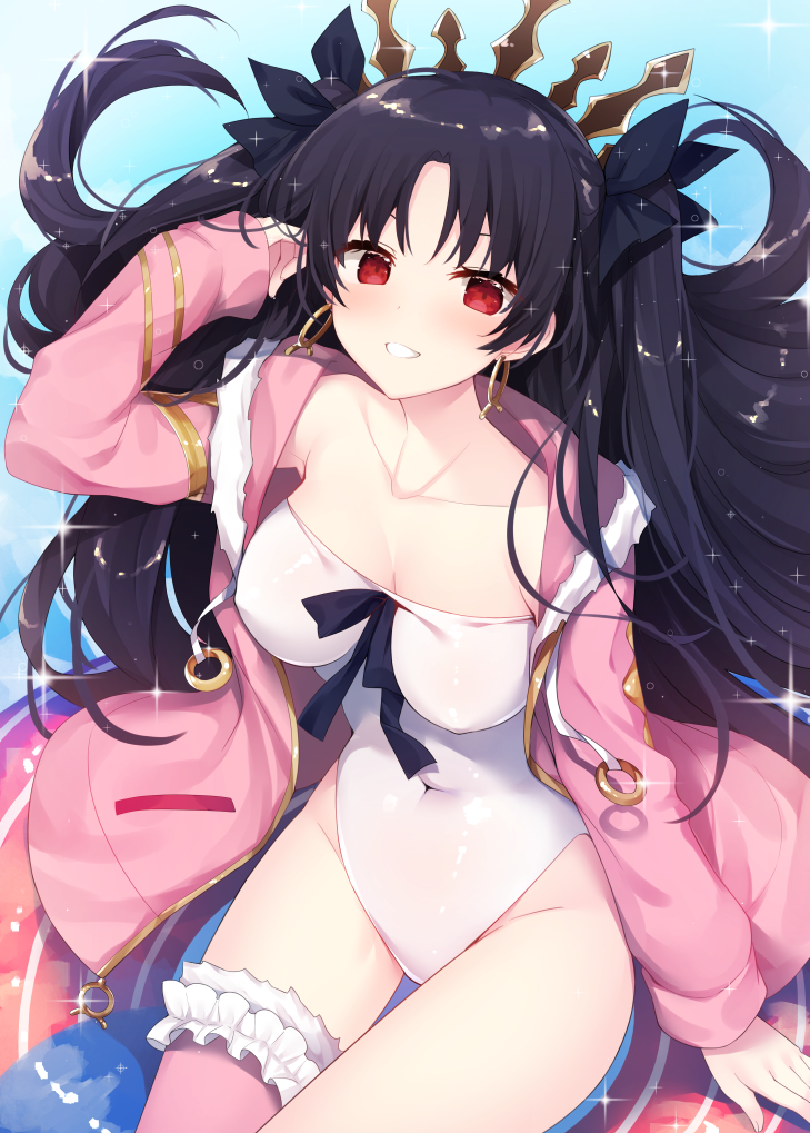 1girl, adjusting_hair, black_bow, black_hair, blush, bow, breasts, cleavage, collarbone, commentary_request, covered_erect_nipples, covered_navel, cowboy_shot, earrings, fate/grand_order, fate_(series), female_focus, fur-trimmed_hood, fur_trim, fur_trimm, grin, hood, hood_down, hoodie, hoop_earrings, impossible_clothes, impossible_swimsuit, ishtar_(fate), ishtar_(swimsuit_rider)_(fate), jewelry, leotard, long_hair, long_sleeves, looking_at_viewer, medium_breasts, miko_(royal_milk), one-piece_swimsuit, open_clothes, open_hoodie, outdoors, parted_bangs, pink_hoodie, pink_thighhighs, red_eyes, see-through_clothes, single_thighhigh, sitting, smile, solo, swimsuit, thighhighs, tiara, two_side_up, white_leotard