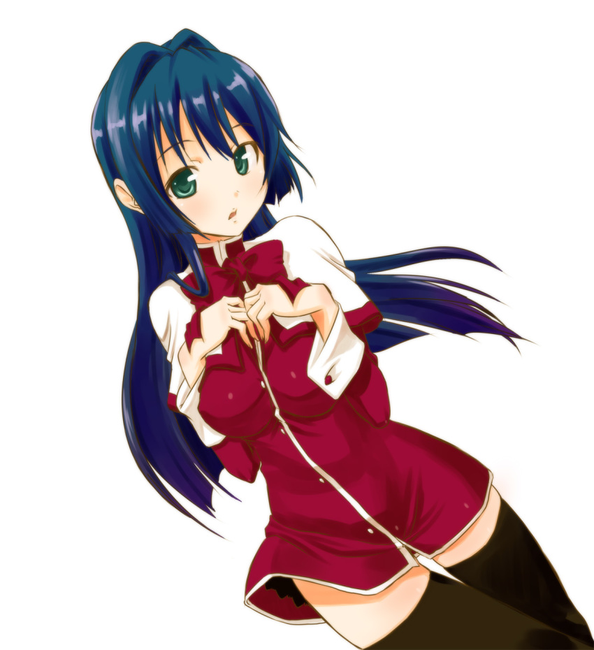 1girl, black_thighhighs, blue_hair, female_focus, futari_no_ana, green_eyes, highres, kanon