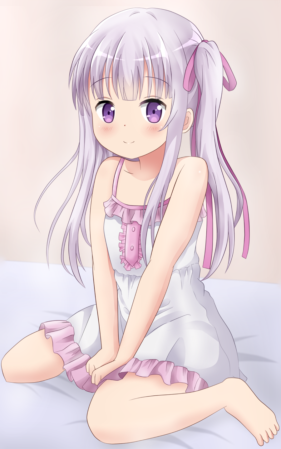 1girl, barefoot, closed_mouth, dress, female_focus, gotou_jun, hair_ribbon, highres, koyuki_(azumaya999), long_hair, looking_at_viewer, purple_eyes, purple_hair, ribbon, smile, solo, tenshi_no_3p!