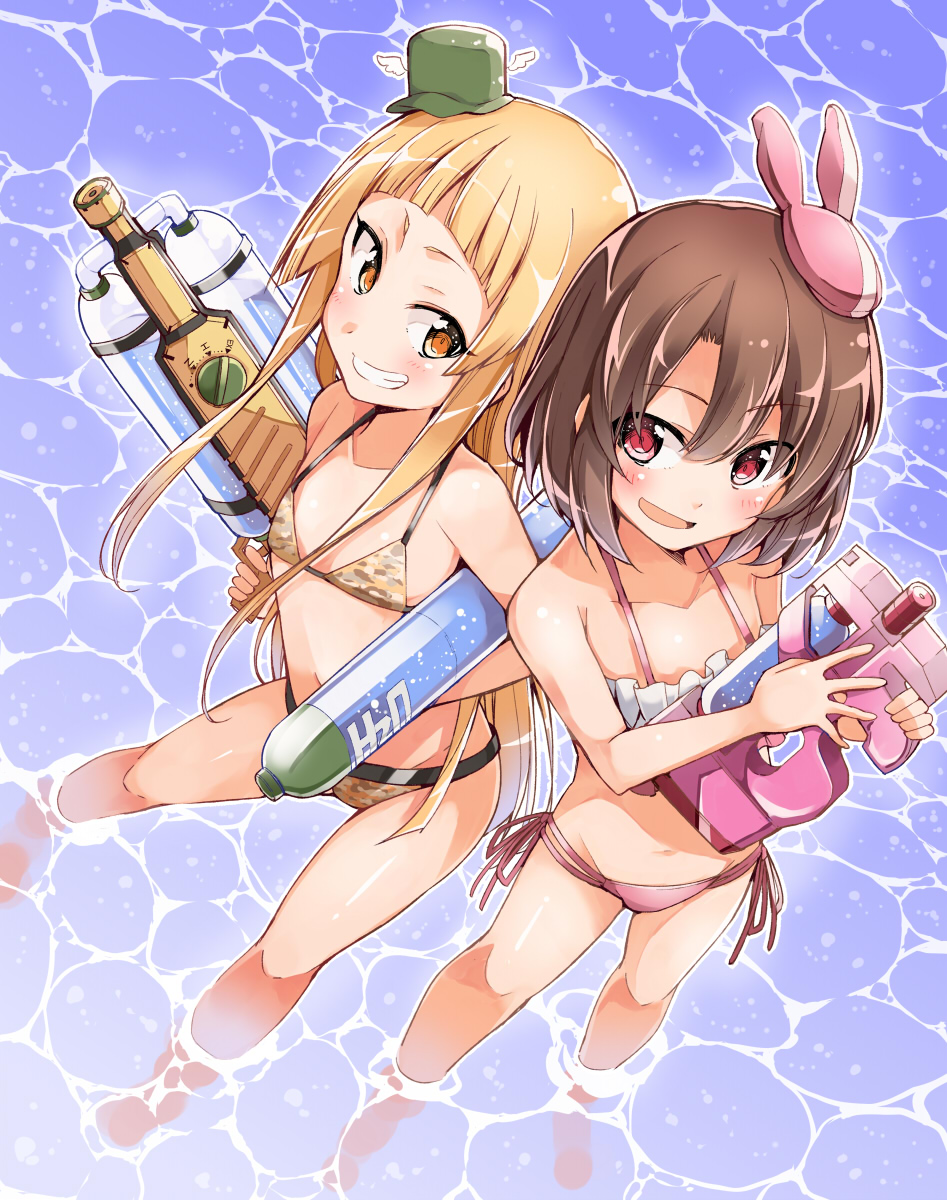 2girls, :d, animal_ears, bibi02, bikini, blonde_hair, blush, brown_hair