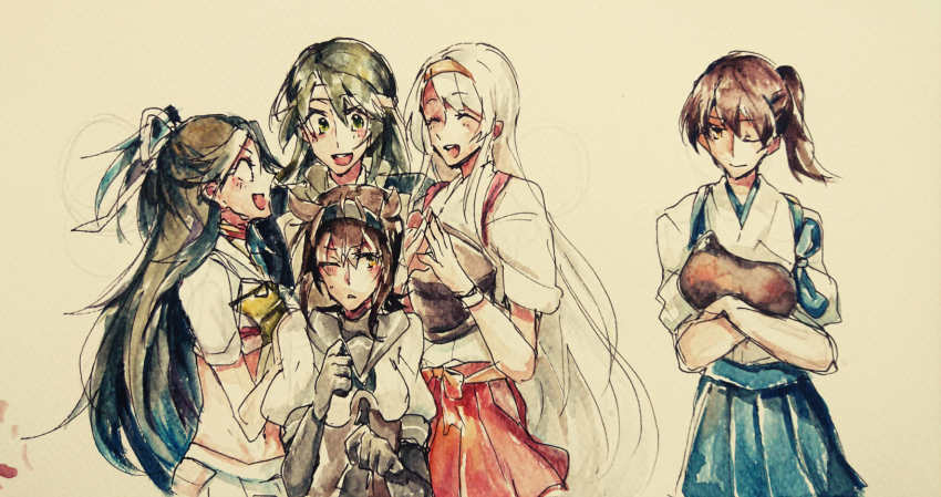 5girls, hair_down, hair_ribbon, hakama, hakama_short_skirt, hakama_skirt, hatsuzuki_(kancolle), headband