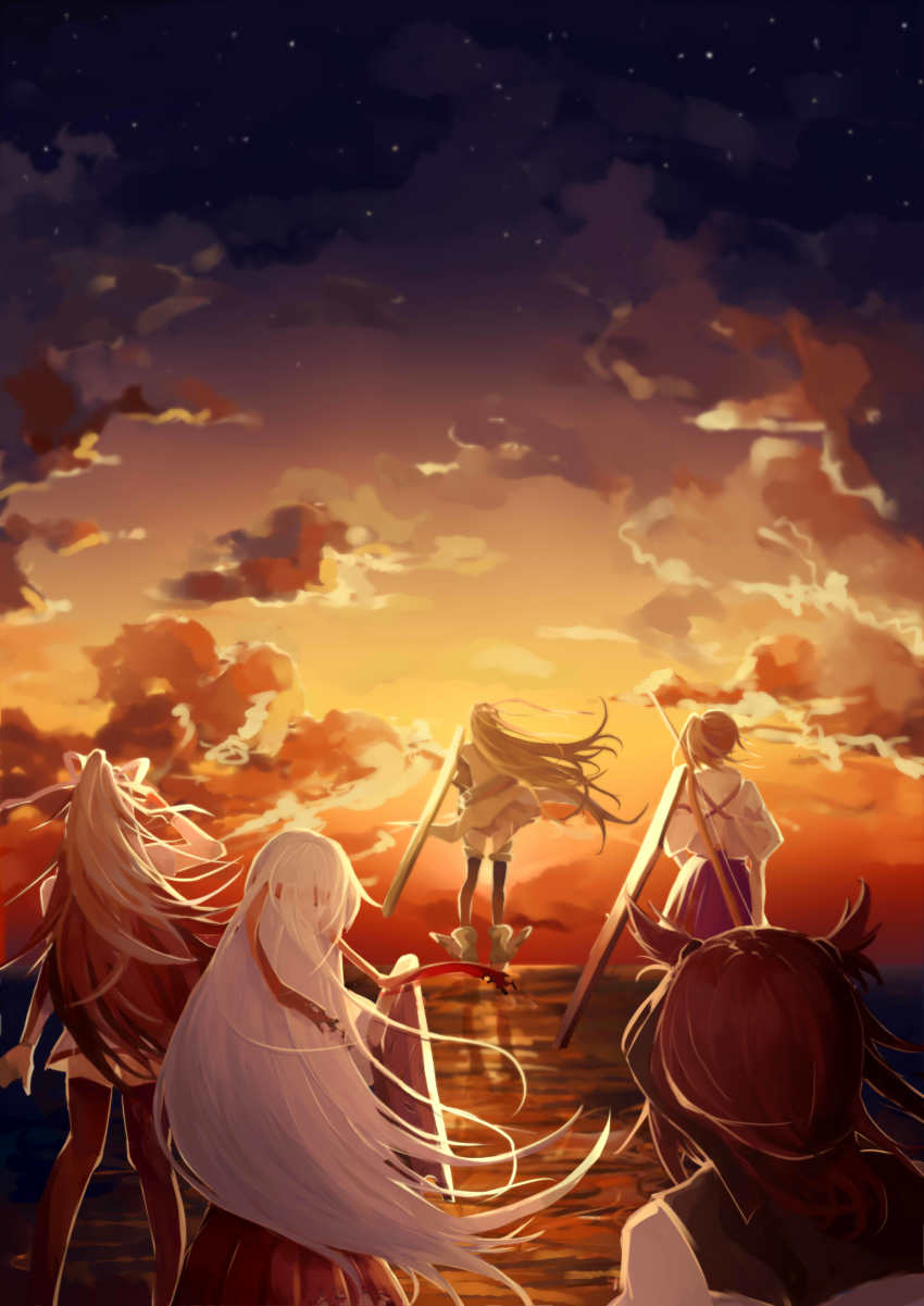 5girls, absurdres, boots, bow_(weapon), cloud, cloudy_sky, hair_down, hair_ribbon