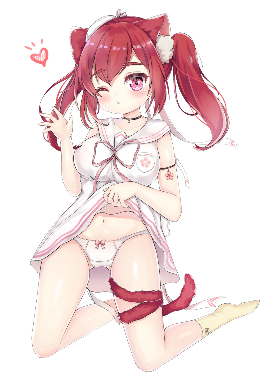 1girl, absurdres, animal_ear_fluff, animal_ears, arlene_(ju), azur_lane, black_choker, blush, bow, bow_panties, breasts, cat_ears, cat_girl, cat_tail, choker, clothes_lift, collarbone, commentary_request, dress, dress_lift, female_focus, gluteal_fold, hand_up, hat, hat_askew, heart, highres, i-19_(azur_lane), i-19_(departure's_gentle_breeze)_(azur_lane), kneeling, large_breasts, lifting_own_clothes, long_hair, mini_hat, navel, no_shoes, one_eye_closed, panties, purple_eyes, red_hair, sailor_collar, sailor_dress, simple_background, socks, solo, tail, twintails, underwear, white_background, white_dress, white_hat, white_panties, white_sailor_collar, yellow_socks