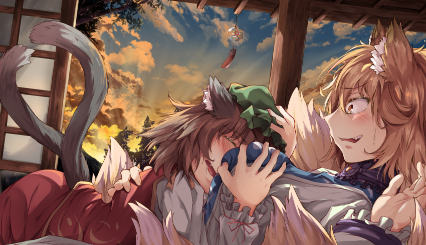 2girls, absurdres, animal_ears, between_breasts, blonde_hair, blush, breasts, brown_hair