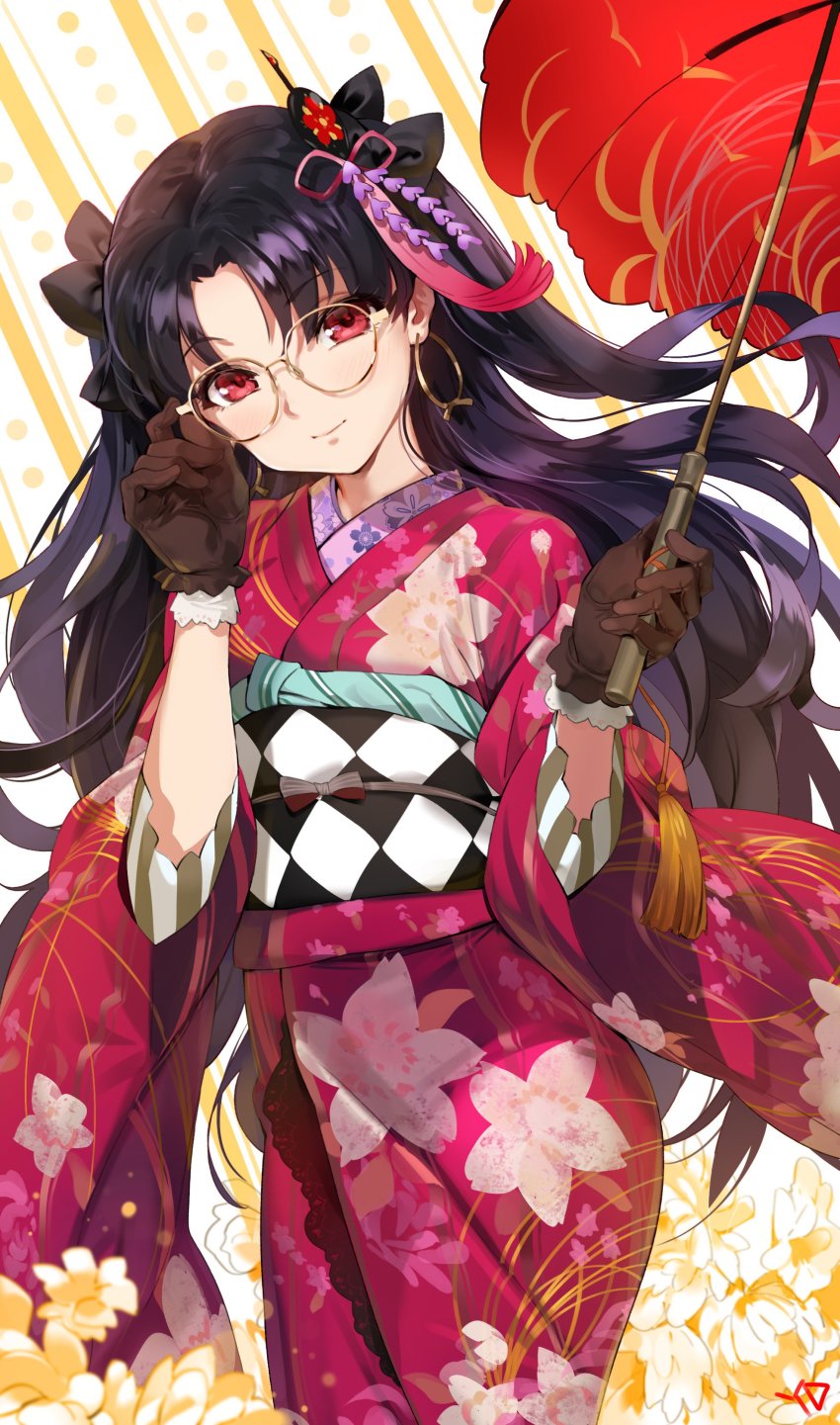 1girl, absurdres, alternate_costume, blonde_hair, brown_gloves, checkered_sash, commentary_request, earrings, fate/stay_night, fate_(series), female_focus, floral_print, flower, glasses, gloves, hair_ornament, highres, ishtar_(fate), ishtar_(formal_dress)_(fate), japanese_clothes, jewelry, kimono, long_hair, looking_at_viewer, red_eyes, solo, twintails, two_side_up, yd_(orange_maru)