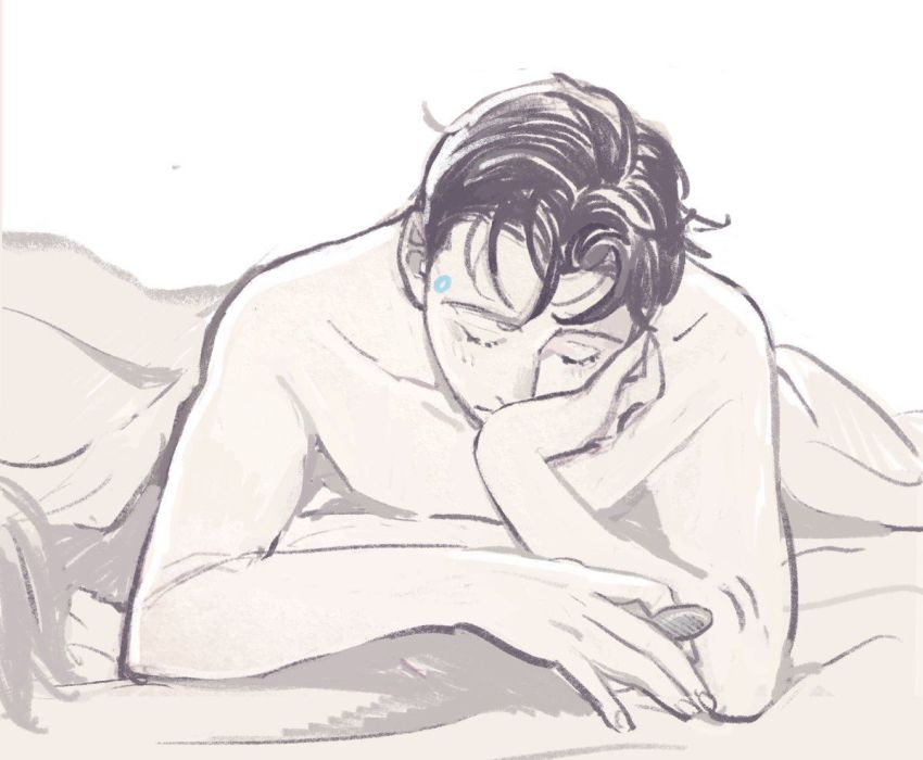 2boys, bed, connor_(detroit), detroit:_become_human, hank_anderson, male_focus, messy_hair, multiple_boys