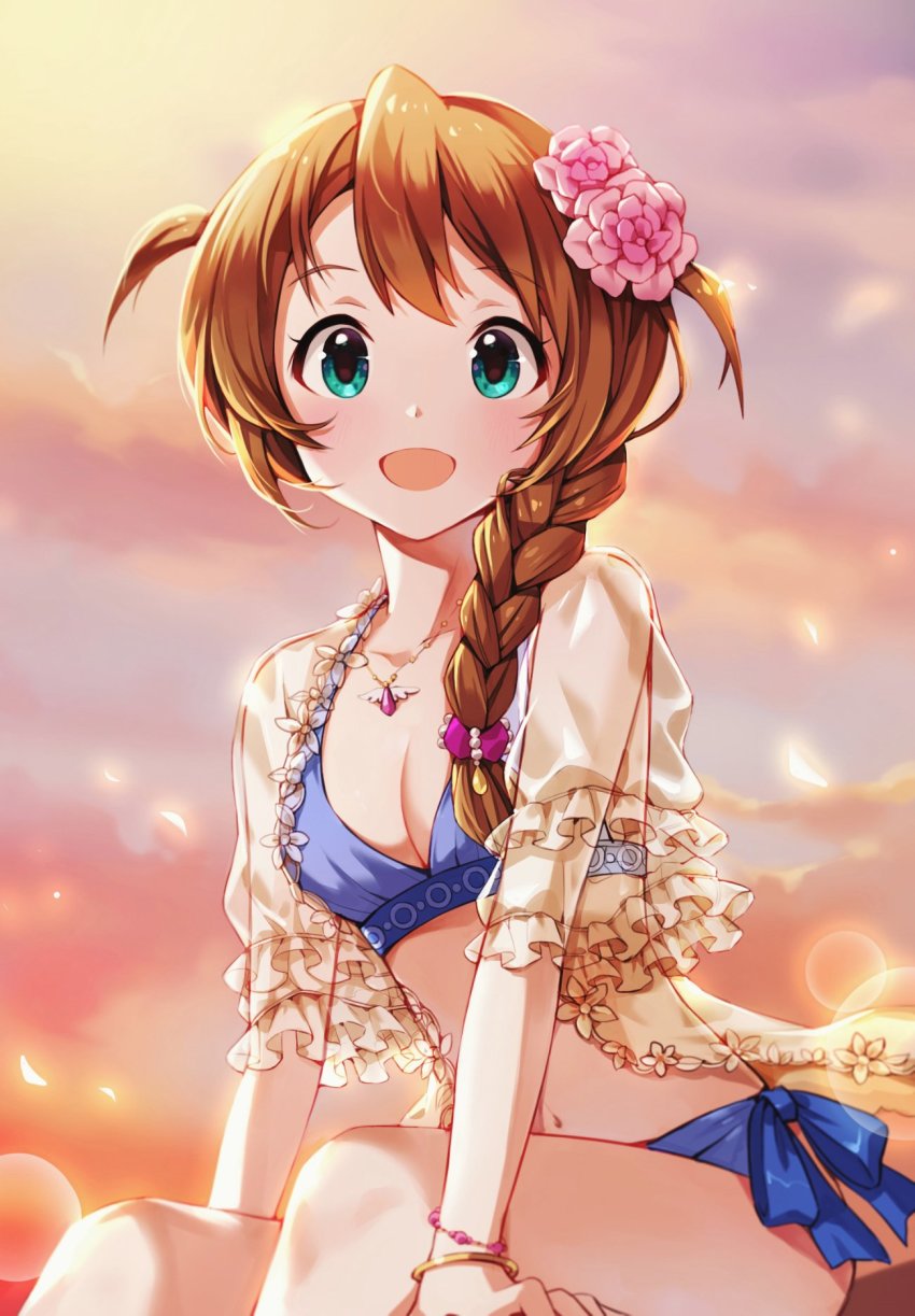 :d, aqua_eyes, baba_konomi, bare_arms, bare_legs, bikini, bracelet, braid