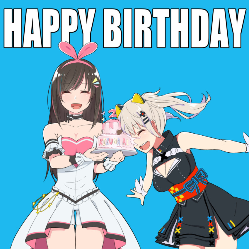 2girls, :d, alternate_costume, animal_ears, armband, bare_shoulders, birthday, birthday_cake, black_dress, blue_background, bow, breasts, brown_hair, cake, cat_ears, character_name, choker, cleavage_cutout, closed_eyes, clothing_cutout, commentary_request, cowboy_shot, dress, english_text, food, frilled_choker, frills, hair_bow, hair_ornament, hairband, hairclip, happy, happy_birthday, holding, holding_cake, holding_food, kaguya_luna, kemuri_haku, kizuna_ai, kizuna_ai_(anniversary), kizuna_ai_inc., lace-trimmed_sleeves, lace_trim, large_breasts, long_hair, medium_breasts, multicolored_hair, multiple_girls, obi, open_mouth, outstretched_arms, pink_bow, pink_hair, pink_hairband, ribbon, round_teeth, sash, silver_hair, simple_background, sleeveless, sleeveless_dress, smile, standing, streaked_hair, striped_ribbon, swept_bangs, teeth, the_moon_studio, twintails, two-tone_hair, virtual_youtuber, white_dress, white_ribbon, wrist_ribbon, x_hair_ornament