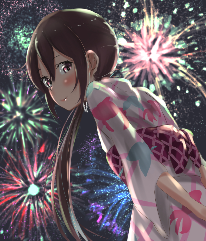 1girl, akebono_(kancolle), akebono_(nakau)_(kancolle), alternate_costume, blush, closed_mouth, female_focus, fireworks