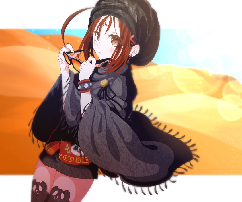 1girl, ahoge, bracelet, brown_eyes, brown_hair, chicken_curry, cloak, desert, earrings, facial_mark, fate/grand_order, fate_(series), female_focus, forehead_mark, highres, holding, holding_removed_eyewear, jewelry, nezha_(fate), nezha_(traveling_outfit)_(fate), panda, solo, sun, sunglasses, thighhighs, unworn_eyewear