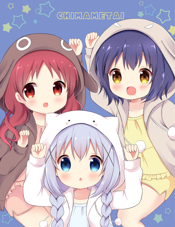 3girls, :d, animal_ears, animal_hood, anko_(gochiusa), arm_up, arms_up, blue_background