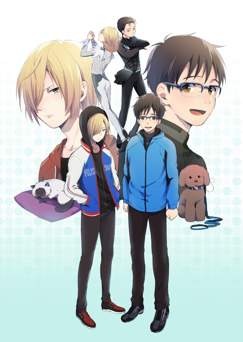 2boys, :d, absurdres, black_hair, blonde_hair, blue-framed_eyewear, bodysuit, brown_eyes