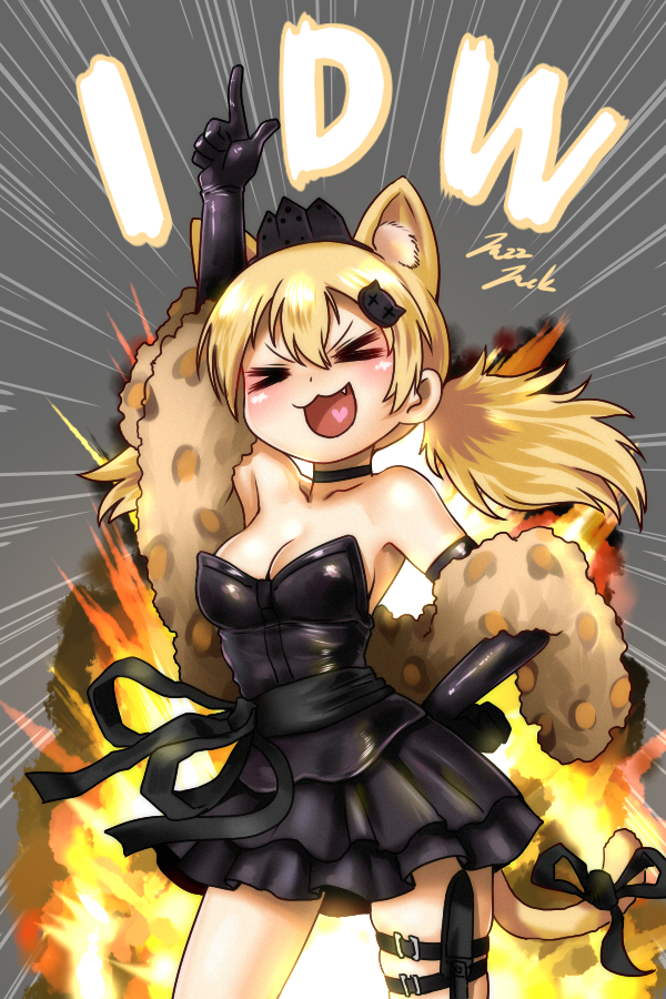 >_<, 1girl, :3, animal_ear_fluff, animal_ears, bare_shoulders, black_dress, black_gloves