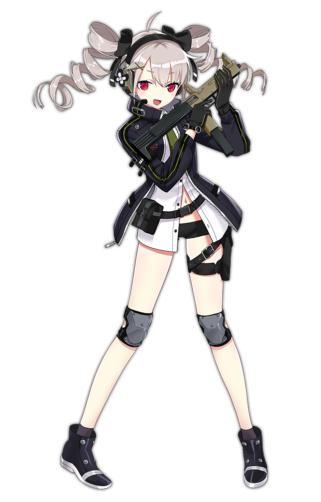 1girl, belt, drill_hair, female_focus, folding_gun, full_body, girls'_frontline, gloves