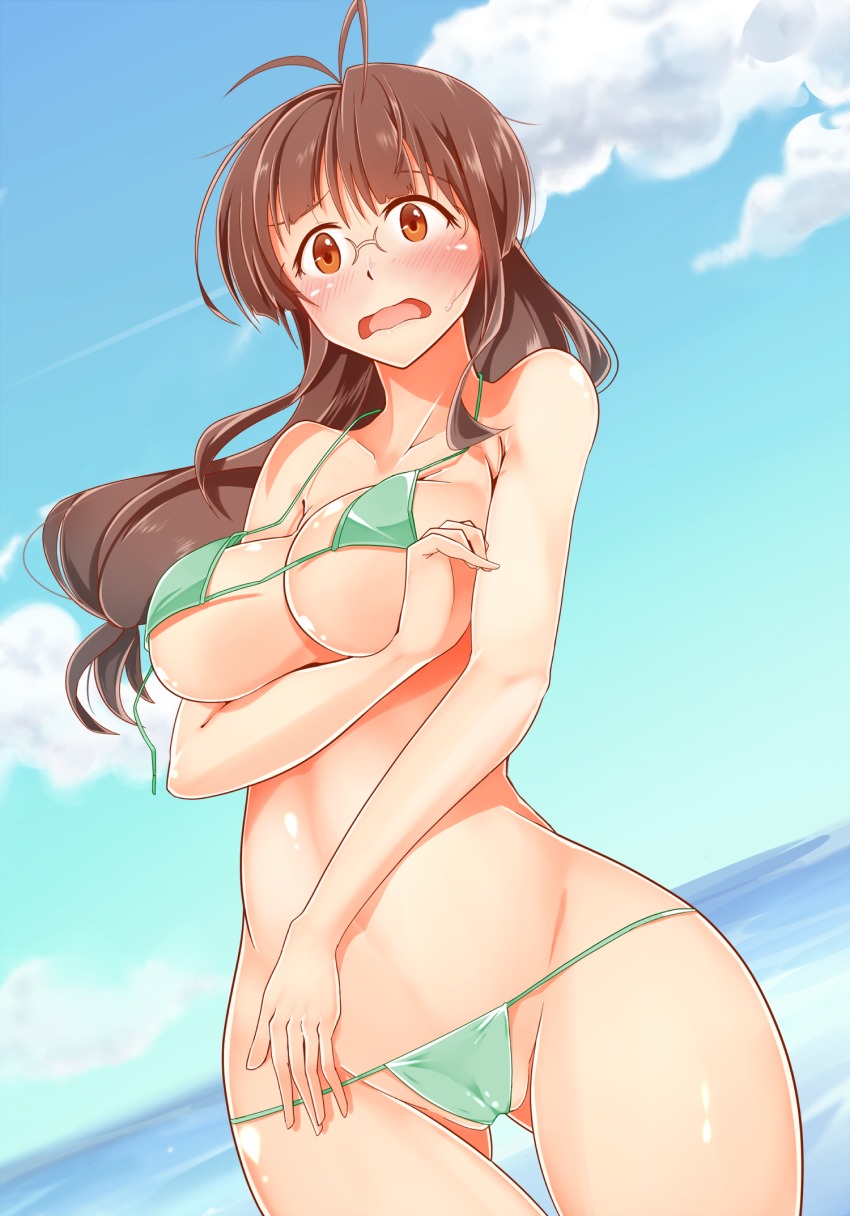 akizuki_ritsuko, antenna_hair, arm_under_breasts, bikini, blush, breasts, brown_eyes, brown_hair, commentary_request, cowboy_shot, day, dutch_angle, glasses, hadaka_megane, hair_down, highres, idolmaster, idolmaster_(classic), large_breasts, long_hair, micro_bikini, ocean, open_mouth, sky, solo, swimsuit