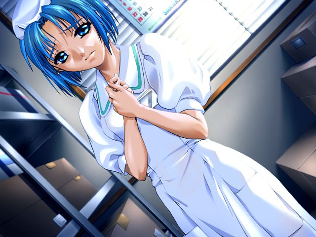 1girl, blue_eyes, blue_hair, dutch_angle, female_focus, game_cg, ingoku_byoutou_~himerareta_wana~, jpeg_artifacts, matching_hair/eyes, nurse, short_hair, solo, suzumoto_eri, yoshino_keiko