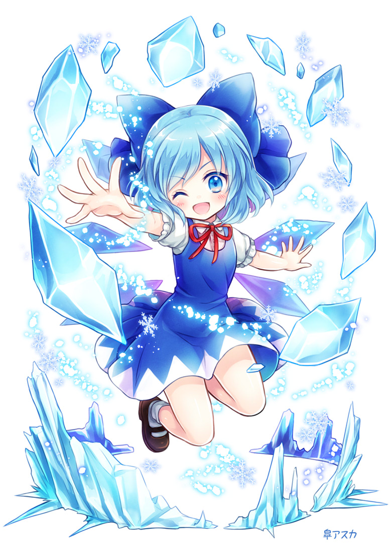 1girl, bare_legs, blue_eyes, blue_hair, bow, cannan, cirno, female_focus