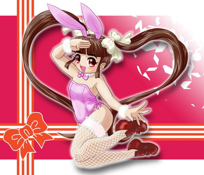 animal_ears, brown_hair, fake_animal_ears, fishnet_thighhighs, fishnets, flat_chest, jumping, long_hair